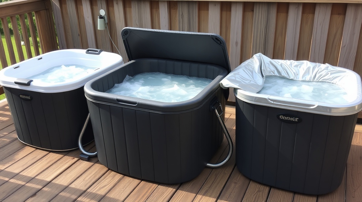 Three portable cold plunge tubs set up side by side on a backyard patio, filled with ice water, with UV covers partially removed