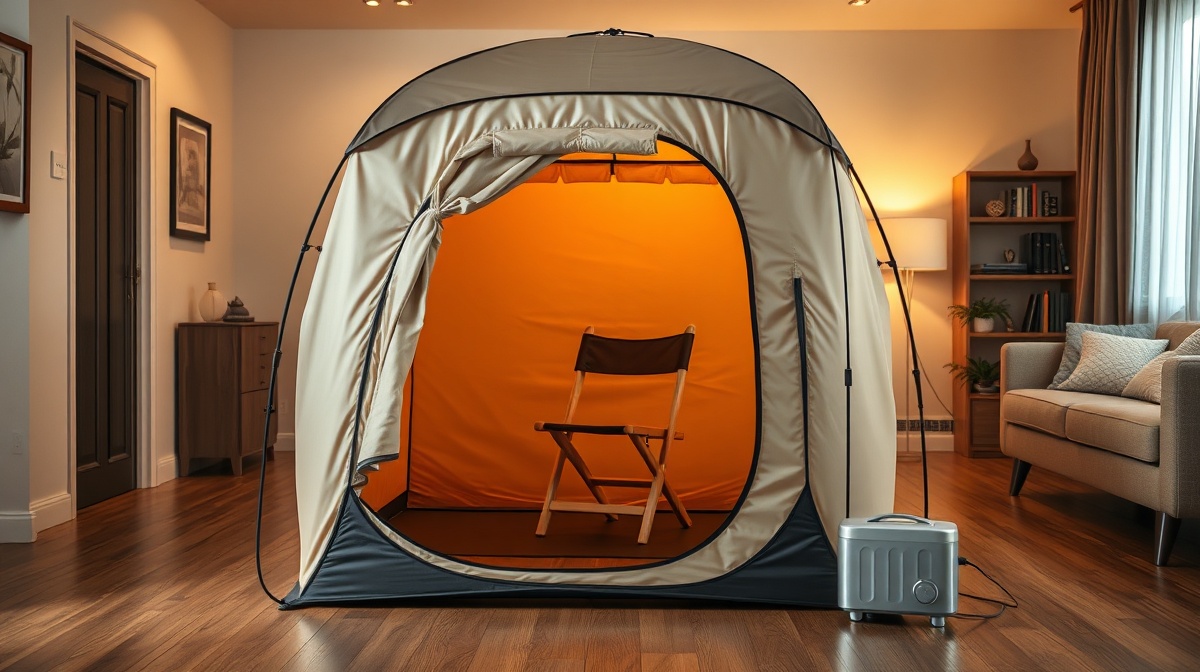 A fabric portable steam sauna tent set up in a home living room with a folding chair visible through the open front panel