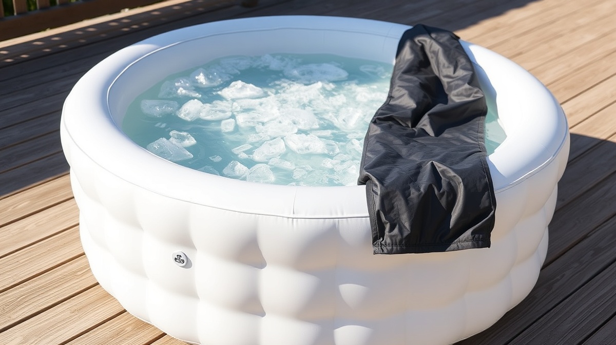 A portable inflatable cold plunge tub filled with icy water, sitting outdoors on a wooden deck next to a pile of ice bags